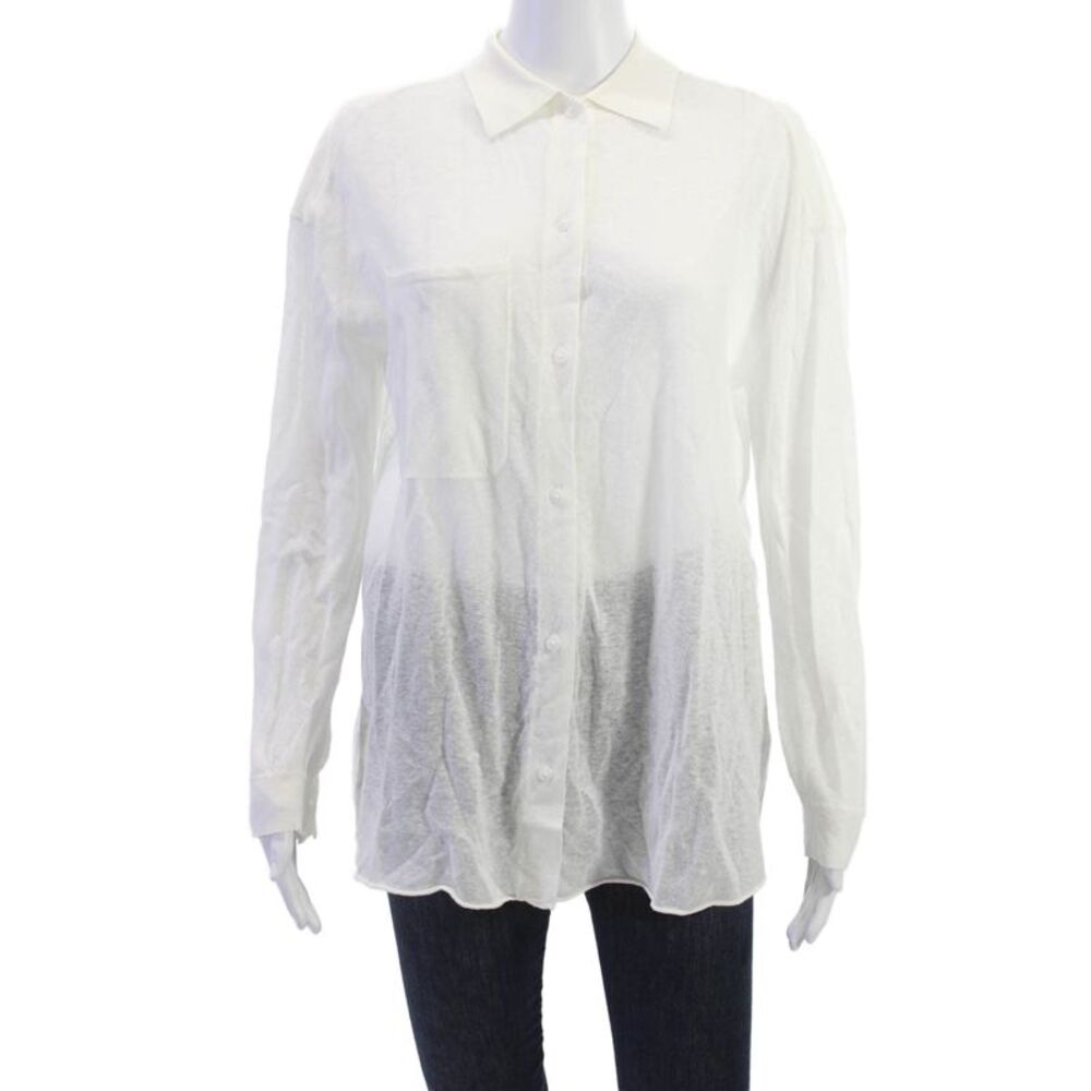 SWTR Womens Basic Collared Button-Up Top White Long Sleeve Linen Blend Size S